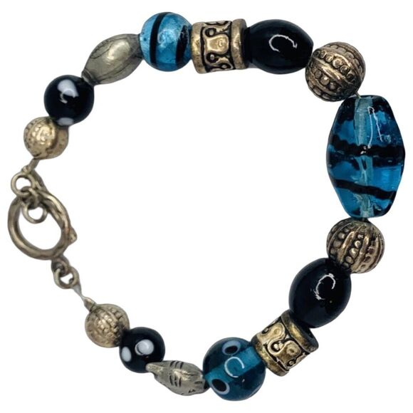 Vintage Blue Glass 925 Sterling Silver Bracelet 8" Toggle Clasp Signed - Picture 6 of 11